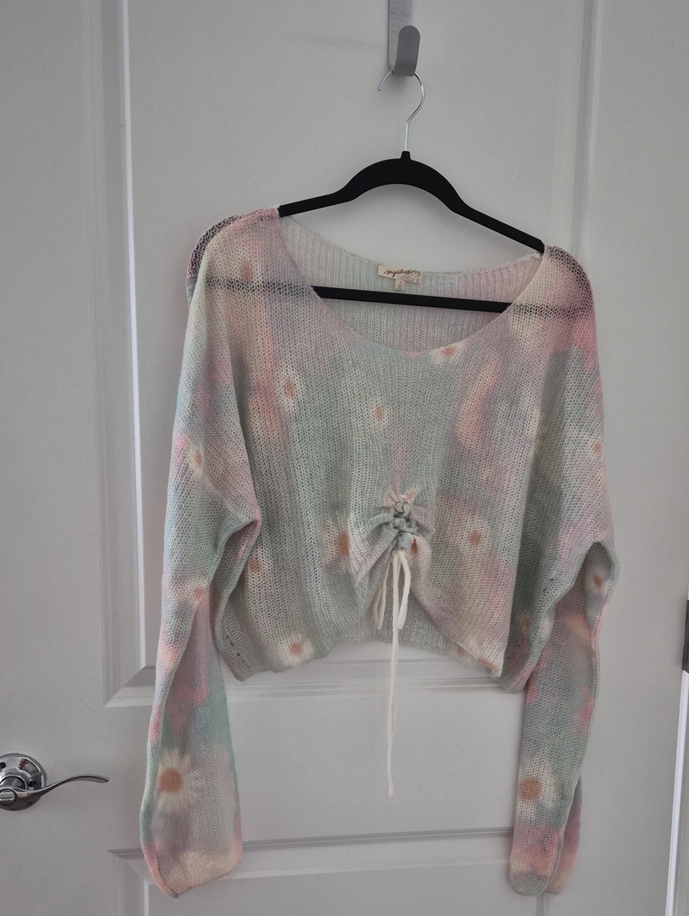 Mystree Pastel Tie-Front Watercolor Knit Sweater - Mint, Blush, Cream
